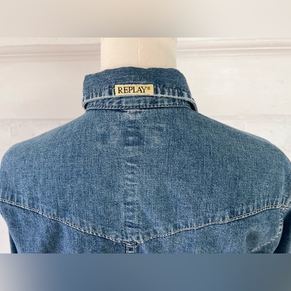 Replay Fitted Denim Pearl Snap Shirt Medium Wash Coastal Cowgirl Western Shacket - Picture 7 of 15